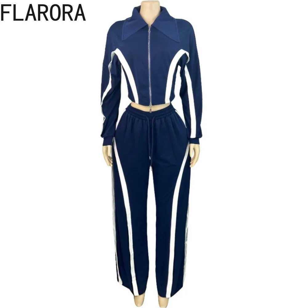 FLARORA Moda Stripe Patchwork 2 pezzi Set Donna Risvolto Manica lunga Zip Crop Giubbotti e Pantaloni con coulisse Abiti Tute da strada