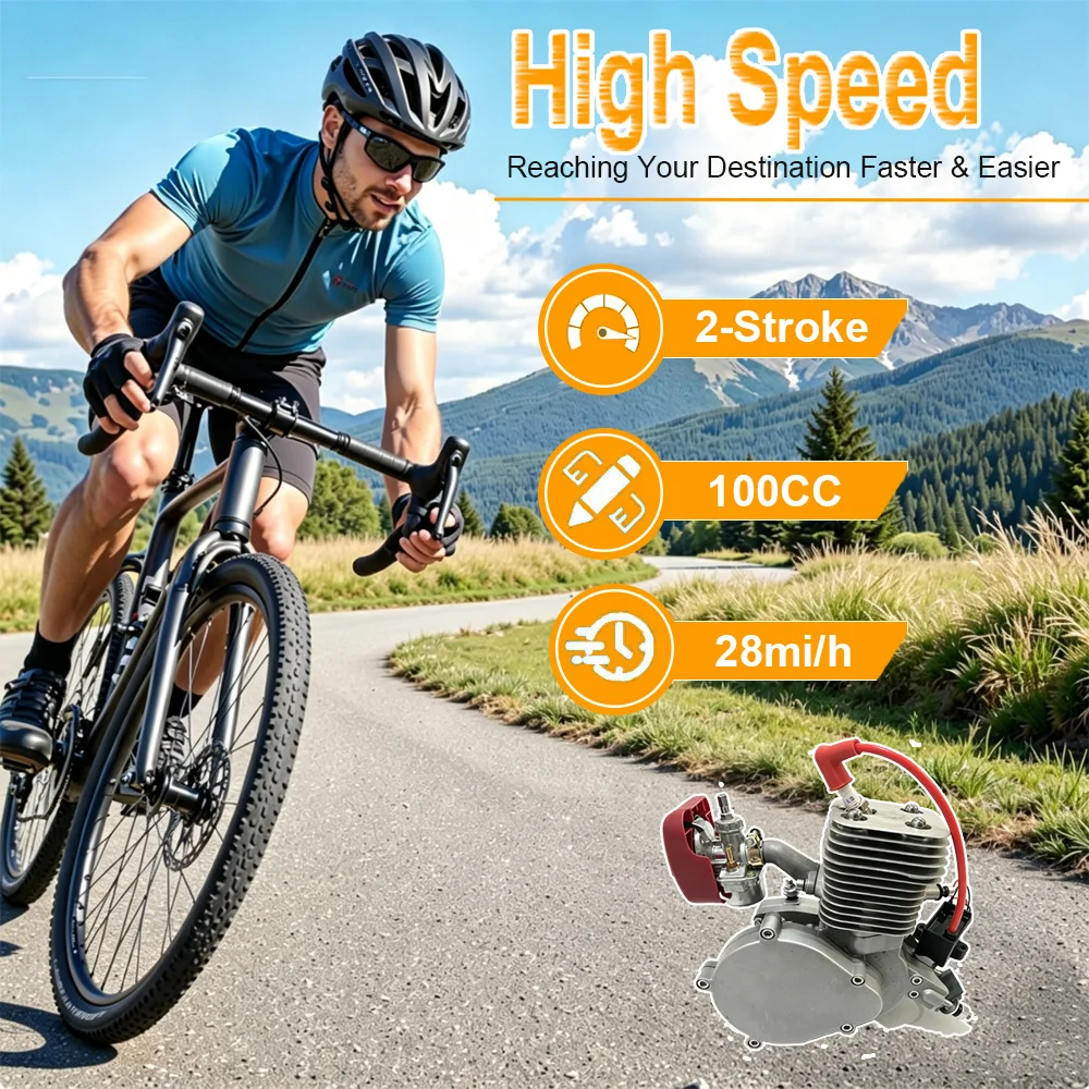100cc 2-Stroke Gas Engine Conversion Kit for Bikes Full DIY Motorized Bicycle Engine Set with Ignition System Carburetor & Exhaust for 26/28 Inch V Frame Bikes
