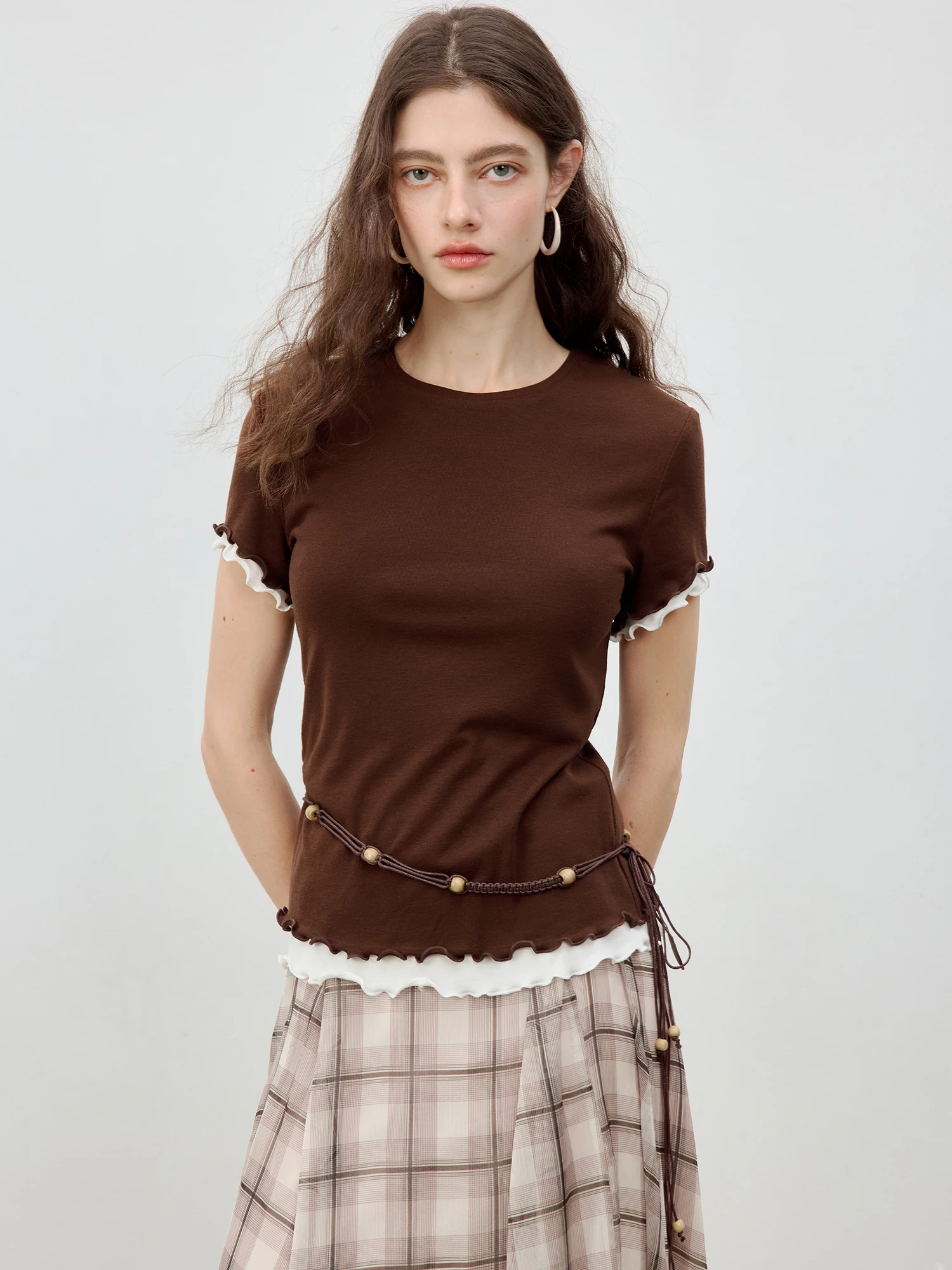 ZIQIAO Petite Size Women's Short-Sleeved Collared Ruffle-Trimmed T-Shirt Set with Color-Blocking and Slimming Effect 25ZQ92307