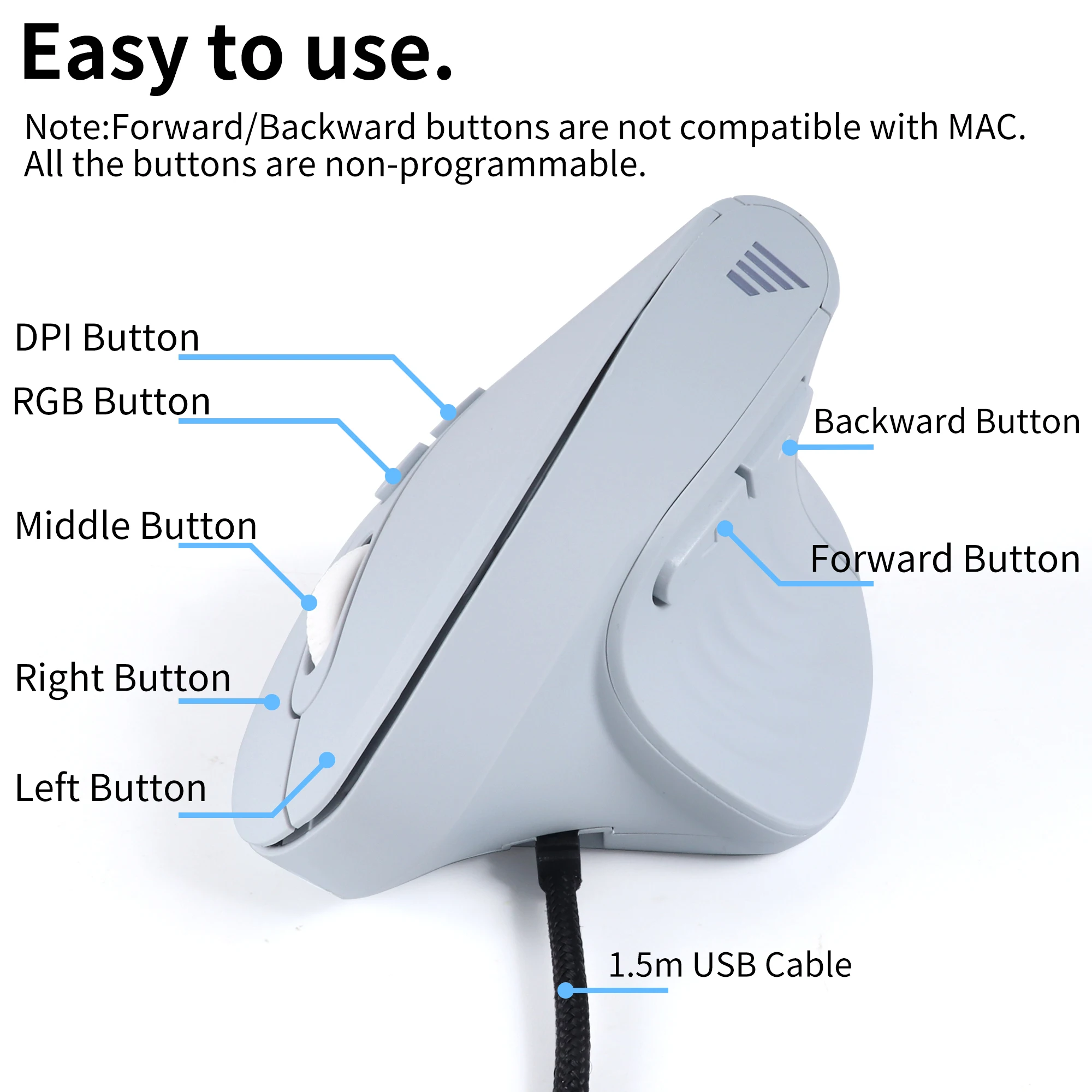 Vertical Mouse Wired Connection RGB Light Effect Forward and Backward Buttons Low Noise Button PC Part Office Use Mause Study