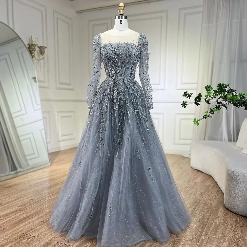 Luxury Square Collar Long Sleeves Beads Evening Dresses Elegant Sequined Draped A-Line Party Gowns Floor Length Prom Dresses