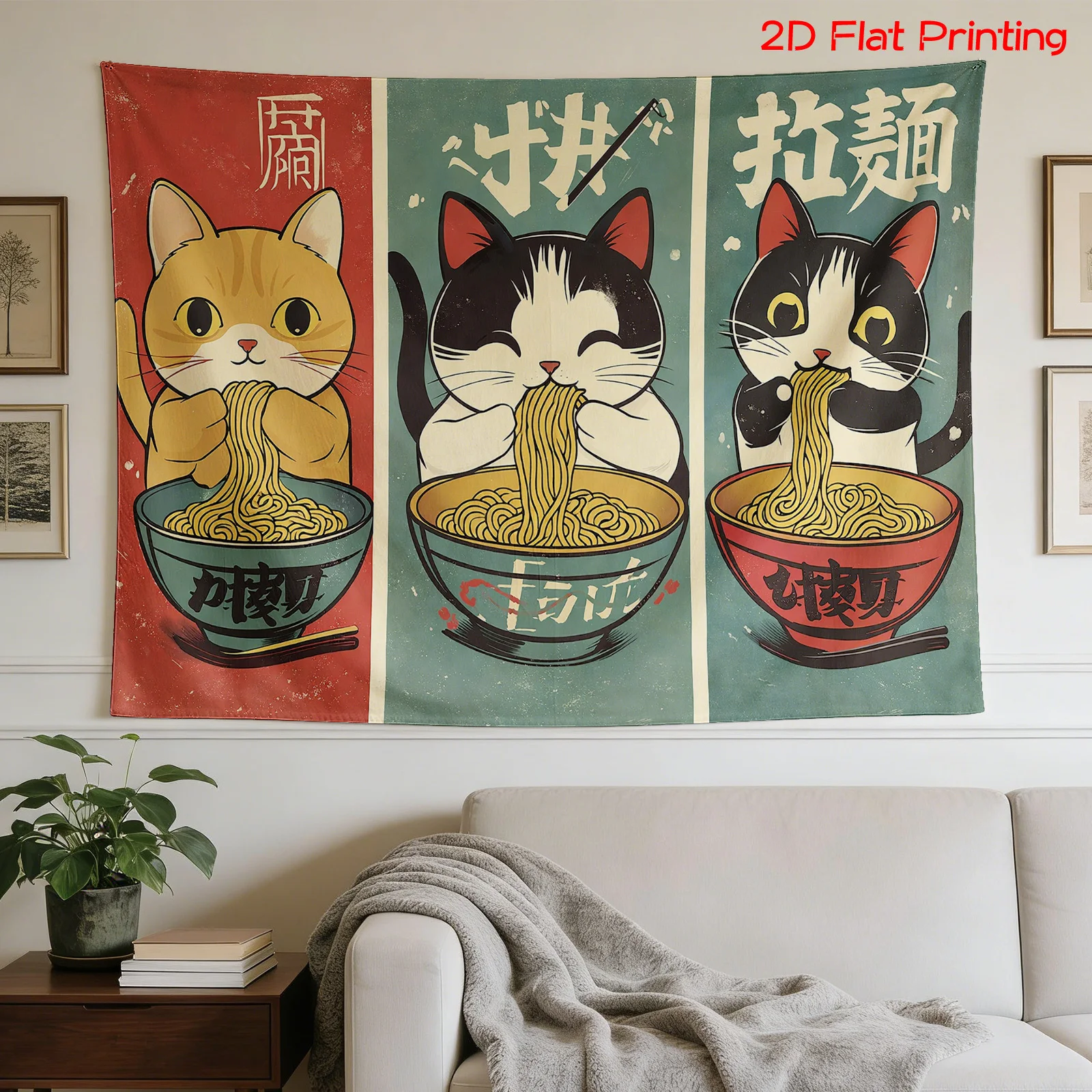 Cute Cat Noodle Tapestry Wall Decor Funny Anime Ramen Art Chinese Pop Culture Wall Hanging for Kitchen Bedroom Living Room Gift