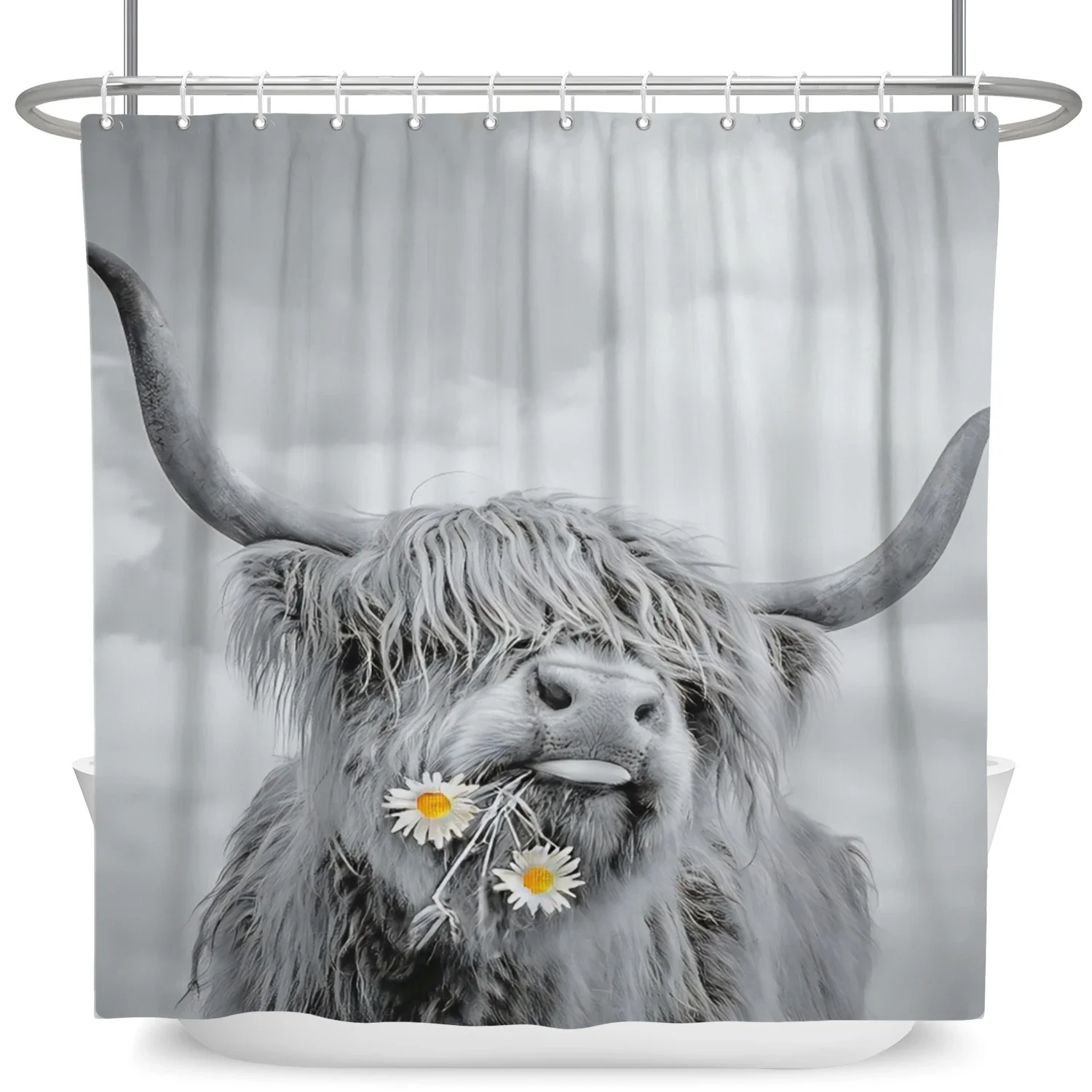Farm Highland Cattle Print Shower Curtain Funny Cow Floral Decor Country Style Waterproof Bothroom Bathtub Screen with Hooks