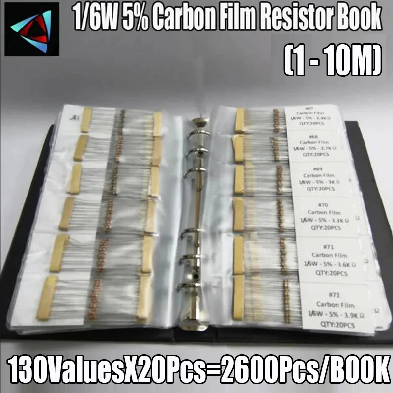 1/6W 5% 1R~10M Carbon Film 130valuesX20pcs=2600pcs Assorted Resistor Kit Pack Sample Book