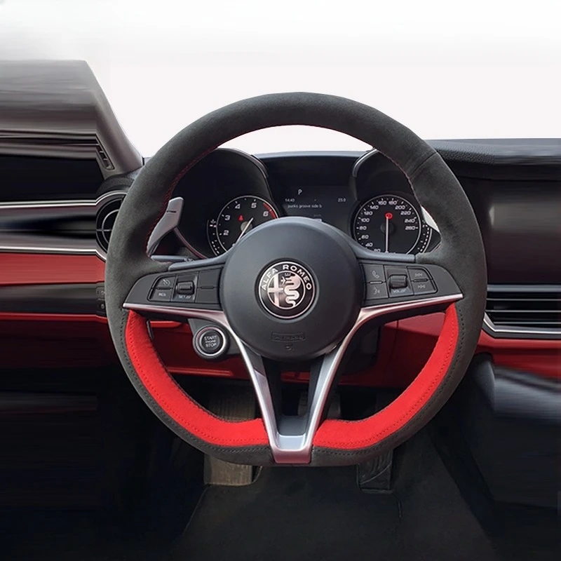 

Для Alfa Romeo Giulia Stelvio 2015-2018 автозапчасти, сшитый вручную, нескользящий, черный, красный, замшевый чехол на руль автомобиля