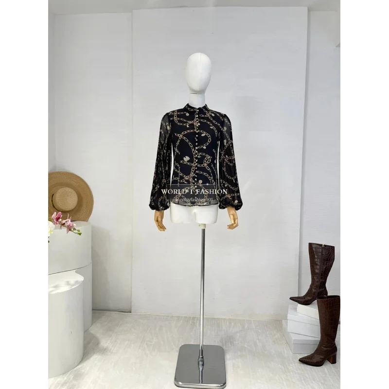 

2026 Новая элегантная черная блузка с длинными рукавами и принтом цепочки, топы и плиссированная юбка-миди для женщин