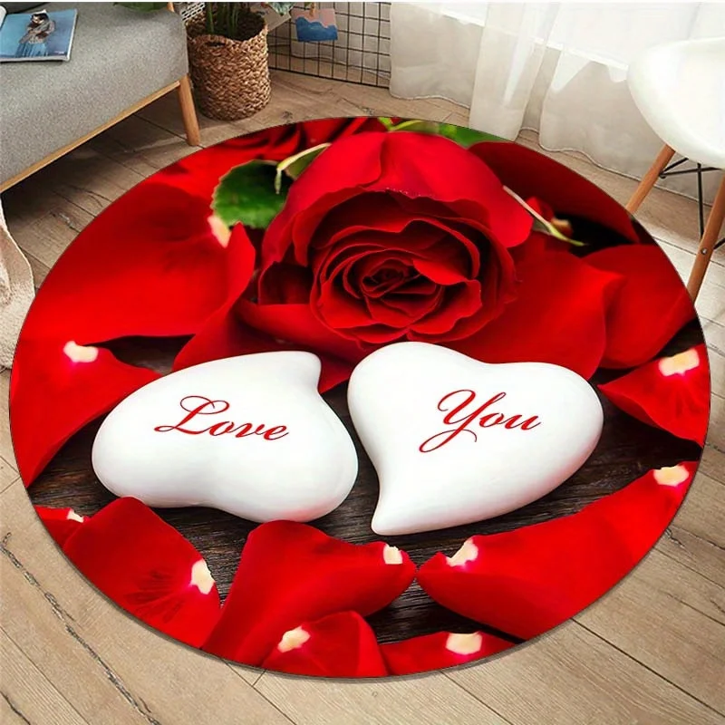 Red Rose Petal Round Decor Rug Love You Heart Stone Romantic Circular Mat Valentine Floral Pattern Floor Rug Indoor Home Deco
