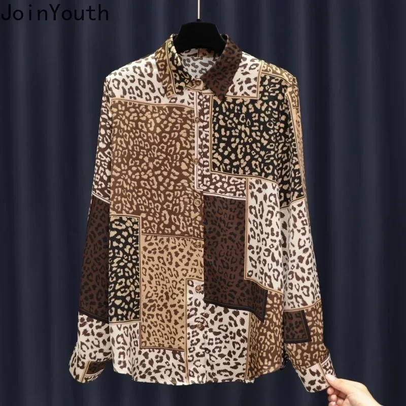 Temperament Lady Tops Blouses Women Long Sleeve Vintage Retro Leopard Print Shirt Contrast Color Loose Summer Camisas De Mujer