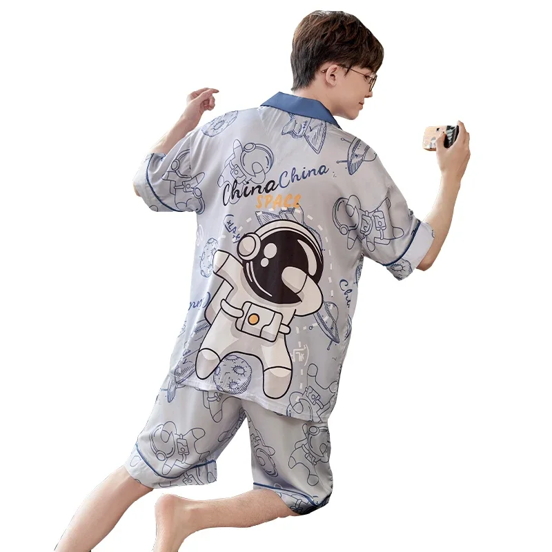 Conjunto de pijama de verano para hombre y adulto, ropa de dormir con patrón de astronauta, tela de seda coreana, holgada, de manga corta, para ocio