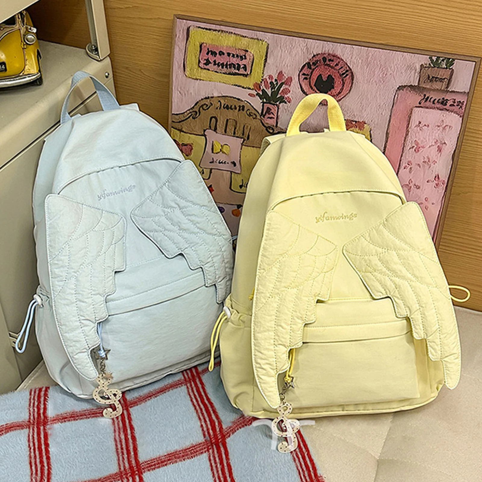 Angel Wing Large Capacity Women Nylon Backpack Korean Style Travel School Casual Lightweight Shoulder Bag