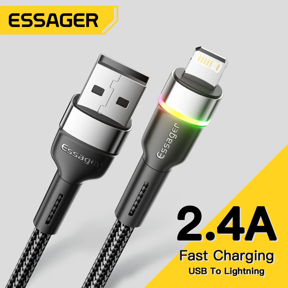 Essager-Cabo USB para iPhone, iPhone 14, 13, 12, 11 Pro, XS Max, X, XR, LED Lightning, Carregamento Rápido, Cabo de Dados, Dados iPad
