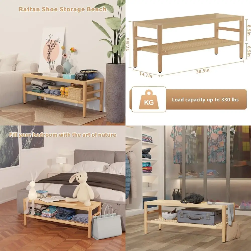 天然38.5籐製シューズラック、2段式、木製脚付き、玄関、リビング、廊下用のスタイリッシュな収納ベンチ