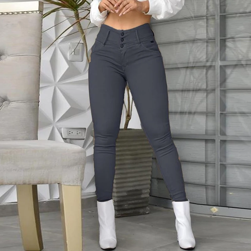 

Spring Casual Solid Slim Skinny Pants for Women Elegant High-waisted Buttons Office Trousers Autumn Pocket Sportswear Sweatpants