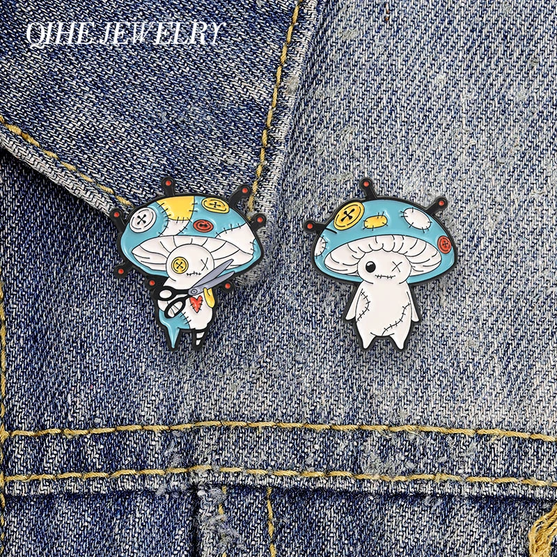 Mushroom Voodoo Doll With Scissors Enamel Pin Spooky Gothic Stitched Plushie Mushroom Doll Brooch Bags Lapel Badge Jewelry Gift