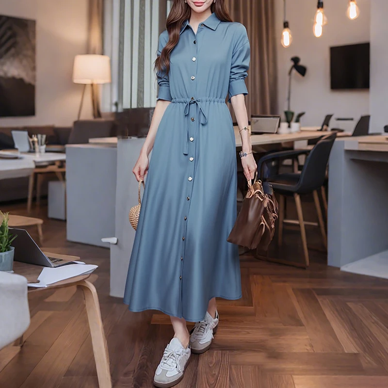 ZANZEA Moda Donna Camicia a maniche lunghe Abiti Risvolto Fasciatura Party Vestido 2025 Autunno Tinta unita Elegante Casual Allentato Vestito estivo