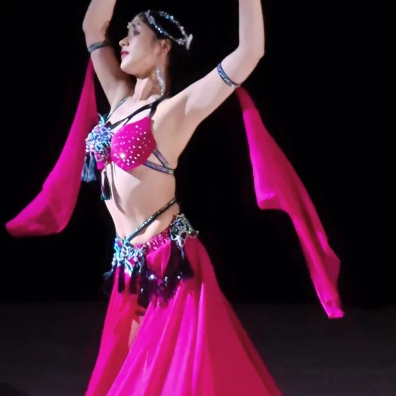 Customized Belly Dance Costumes Set Performance Dress Class Clothes Temperament Practice Dress Rose Red Tassel Performance Dress