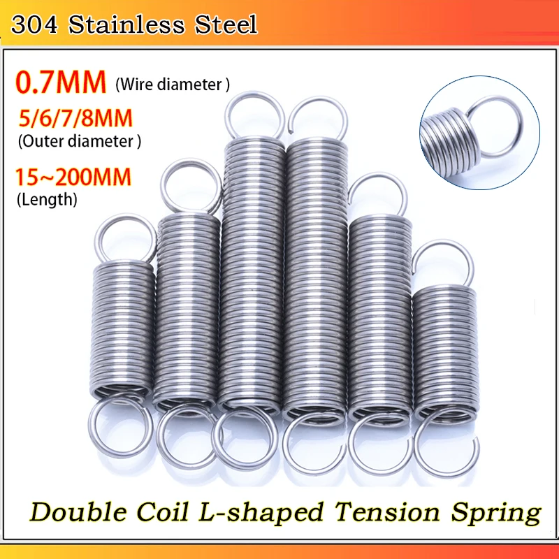 304 Stainless Steel O Ring Hook Extension Spring Tension Spring Double Coil L-shaped Spring Wire Dia 0.7MM OD 5~8MM L: 15~300MM