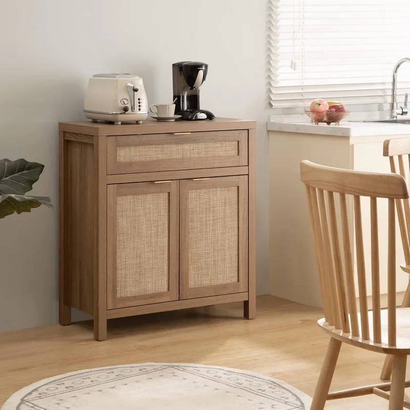 Sideboard Buffet Cabinet Set of 2, Rattan Credenza Storage Cabinet, Boho Buffet Table Console Cabinet with Drawer, Farmhouse