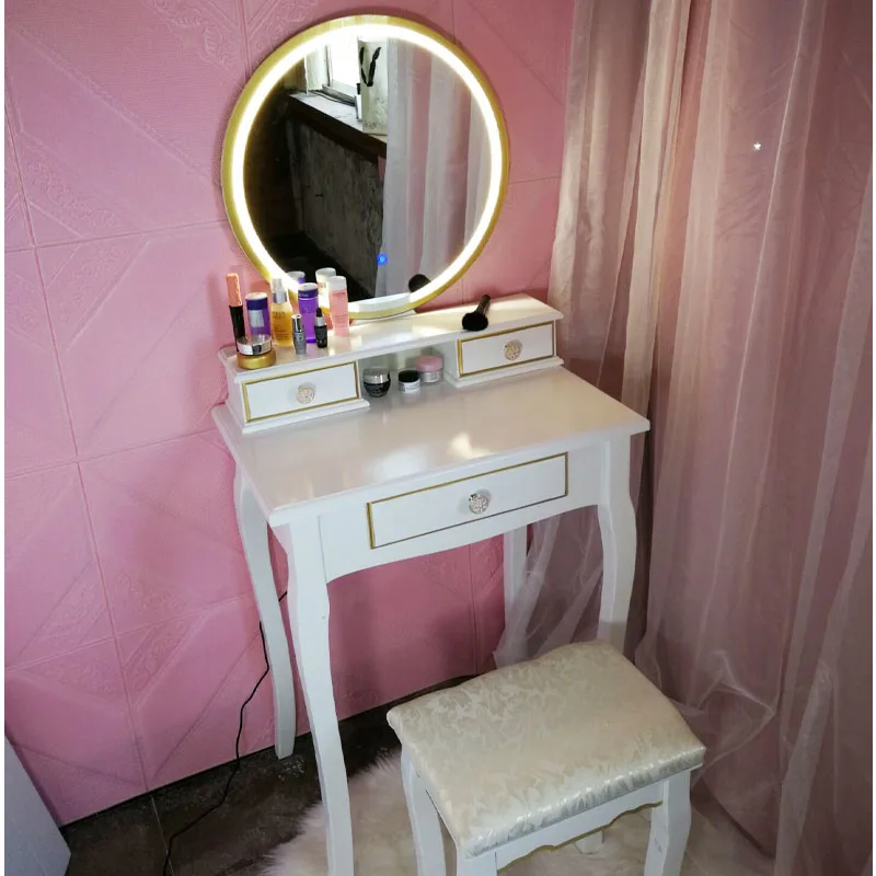 Simple Modern Dressing Table With Mirror Solid Wood Princess LED Makeup Table European Dresser Table Chair Set Bedroom Furniture