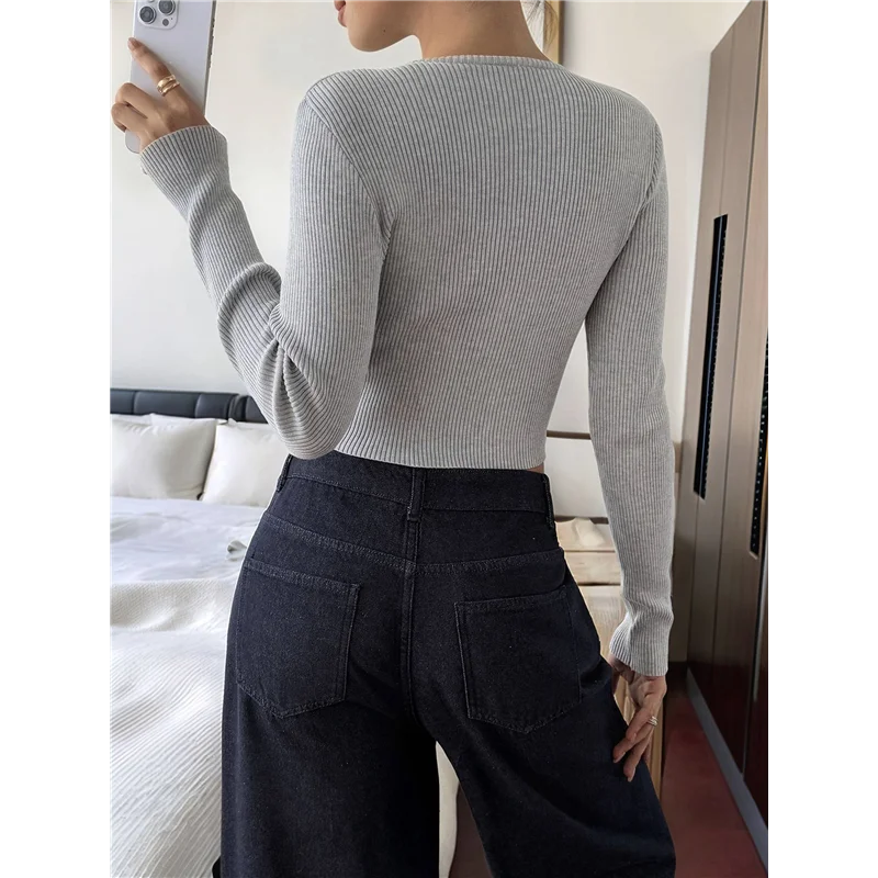 Tops de manga larga para mujer, cárdigan de otoño, camisa recortada, cuello de botón acanalado, moda bonita