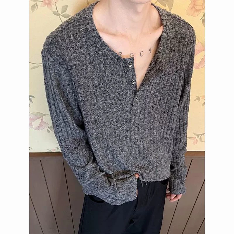 Autumn Winter Men Henley Collar Long Sleeve T Shirt Striped Teenagers Fashion Casual Simple 2xl Oversized Sweatshirt Grey Beige