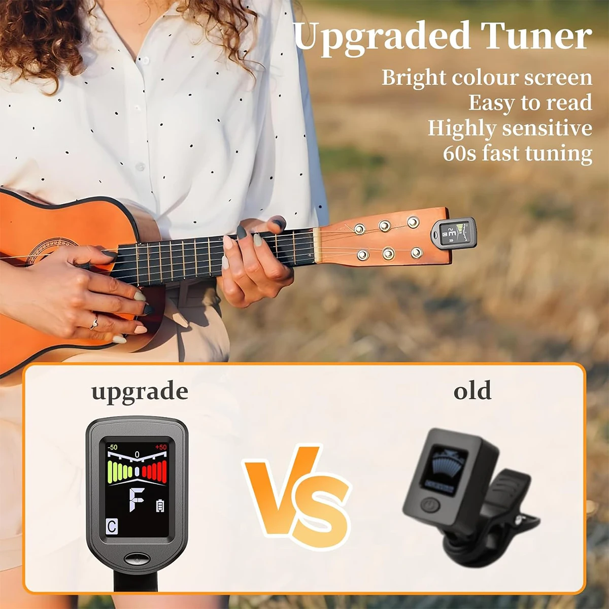 Rechargeable/battery powered tuner, standard/color screen, suitable for guitar, bass, ukulele, easy to use