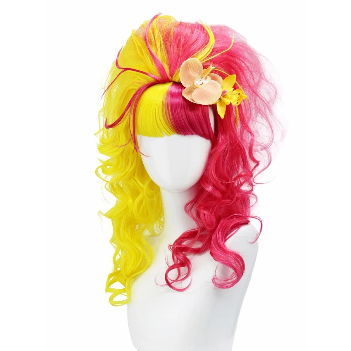 Anxin Brand Synthetic Fiber Wig: Yellow-Pink/Blue-Green Contrasting Color Scheme, Exaggerated Fluffy Curly Hairstyle, Embellished with Orchid Decorations, with Dynamic Curly Strands; Made from High-Quality Synthetic Fiber, Comfortable and Skin-Friendly to Wear; Suitable for Adult Women's Eye-Catching Party Looks, Cosplay Character Costumes, and Themed Events; a Fashionable Item That Showcases Trendy Style