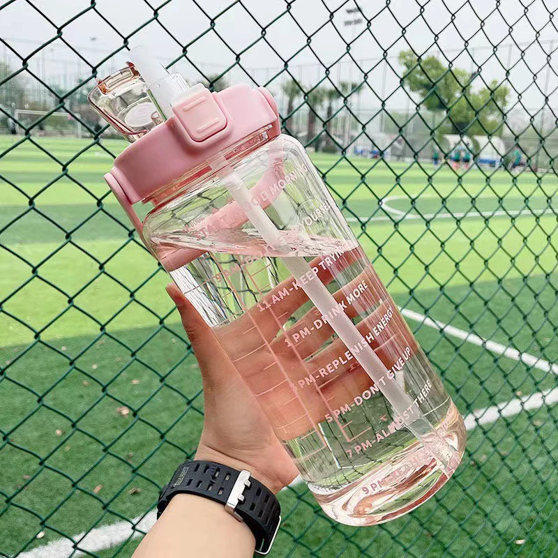 2 Liter Water Bottle with Straw Portable Travel bottles Fitness Bike Cup Spring Summer Cold Water Jug with Time Marker