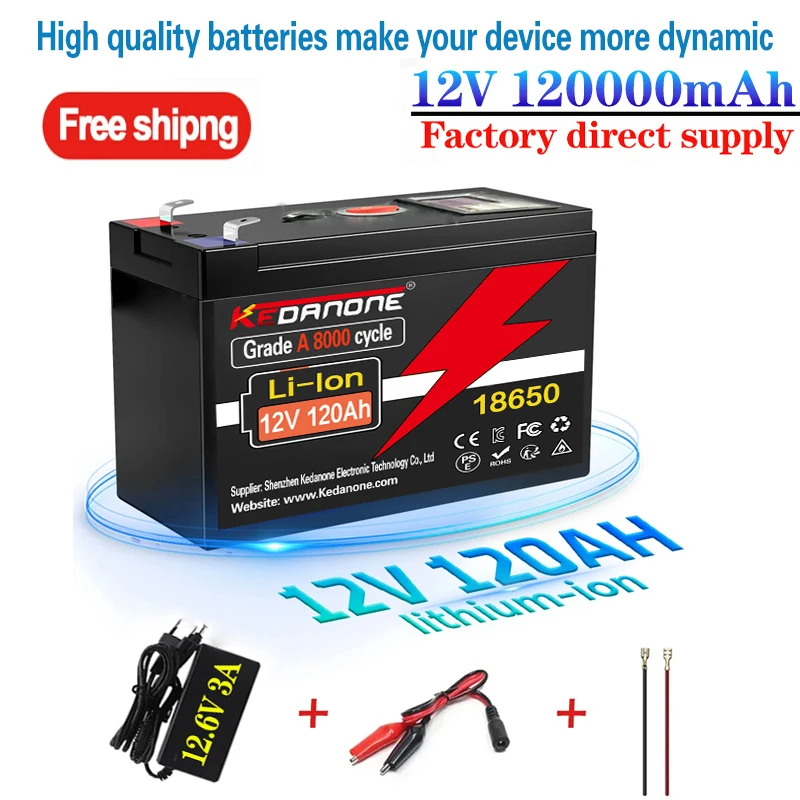 🚗12V Battery 120Ah 18650 Rechargeable LiFePO4 Lithium Battery Built-in 5V 2.1A Usb Power Display Port Charger+12.6V 3A charge