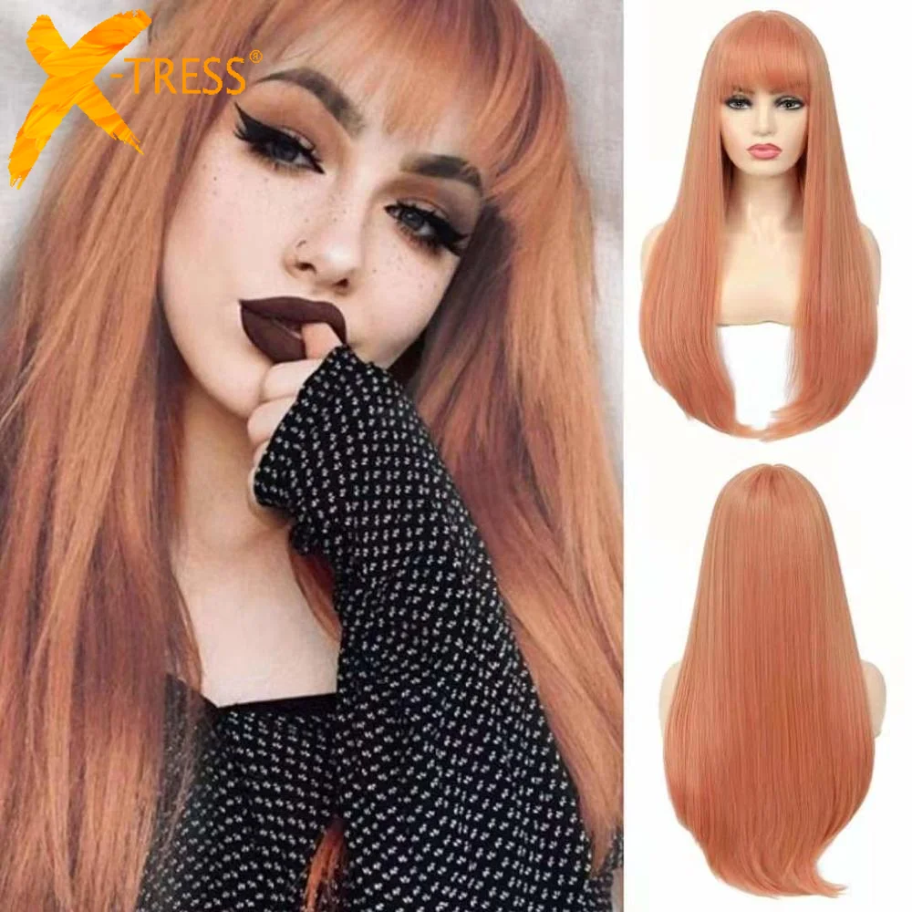 

X-TRESS Synthetic Machine Wigs For White Women Pink Color Long Straight Hair Wig With Bangs Heat Resistant Cosplay Hairstyle