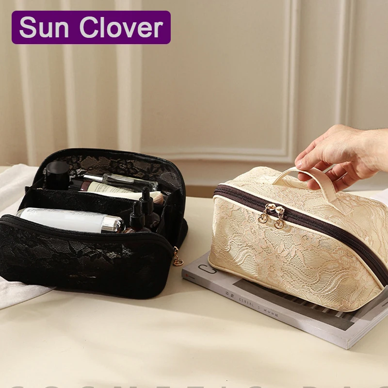 Lace Folding Makeup Storage Bag Women's Portable  Rose Cosmetics Bag Flap Multiple Sizes Large Capacity Zipper Closure Bag