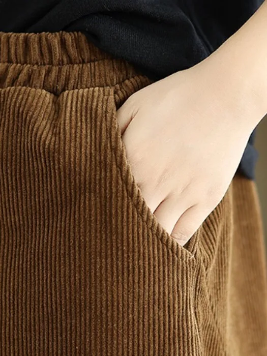 Pantalones de pierna ancha de pana con forro de Fce de cintura alta, pantalones informales sueltos de talla grande con cintura elástica para mujer, novedad de Otoño Invierno