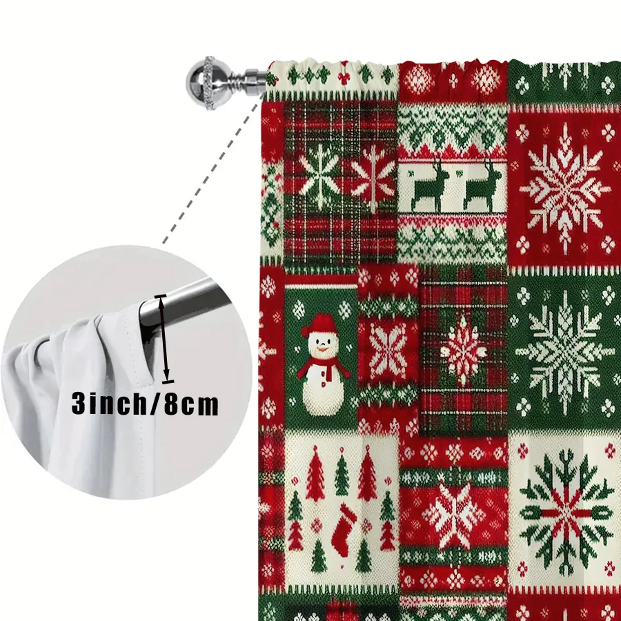 2PCS Red Green Knit Christmas Patchwork Curtains, Snowman Reindeer Tree Sweater Pattern Window Drapes for Bedroom Decor