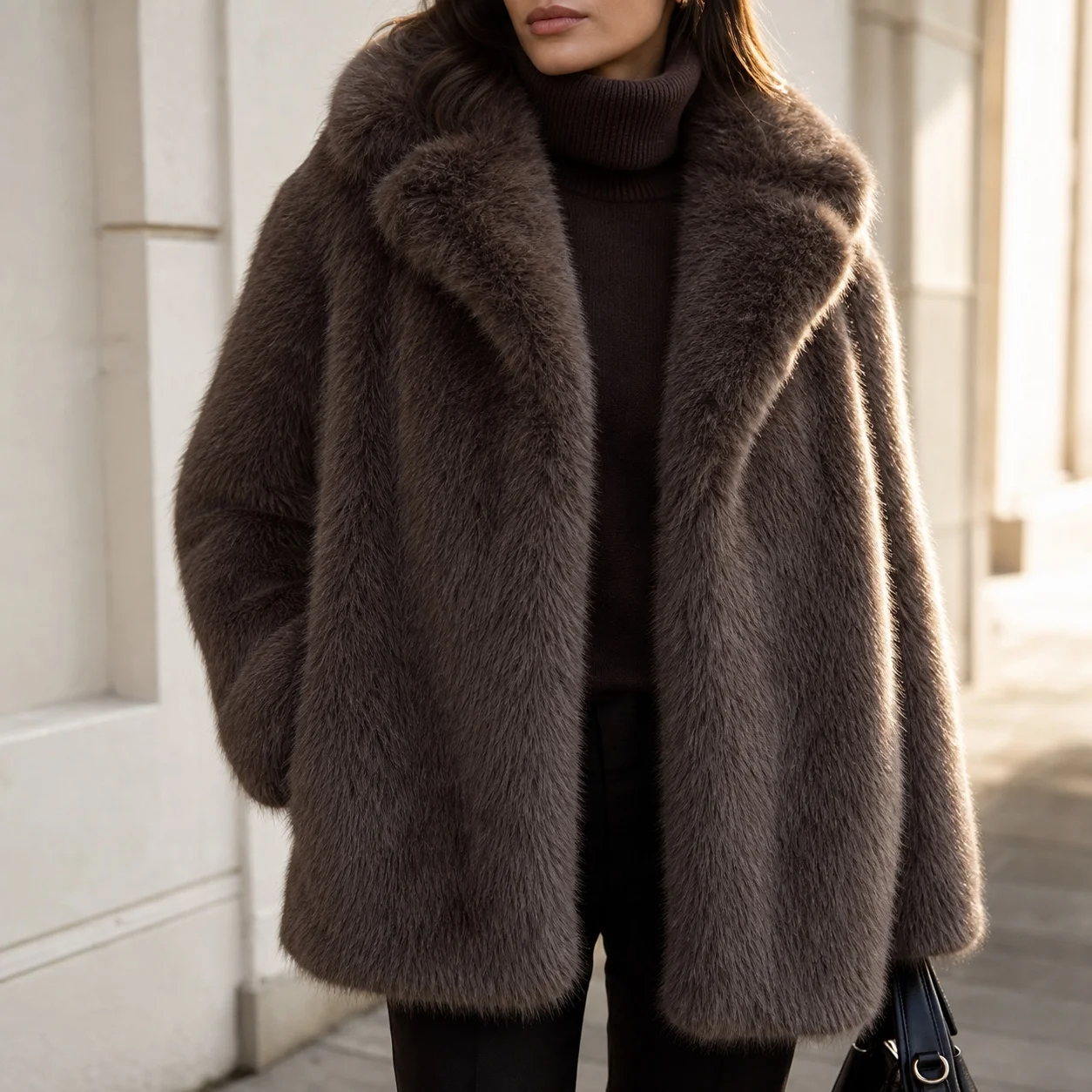 Women's Winter Coat Notched Collar Mid-Long Length Elegant Jacket with Pockets for Winter Female Outerwear Clothing Solid Color