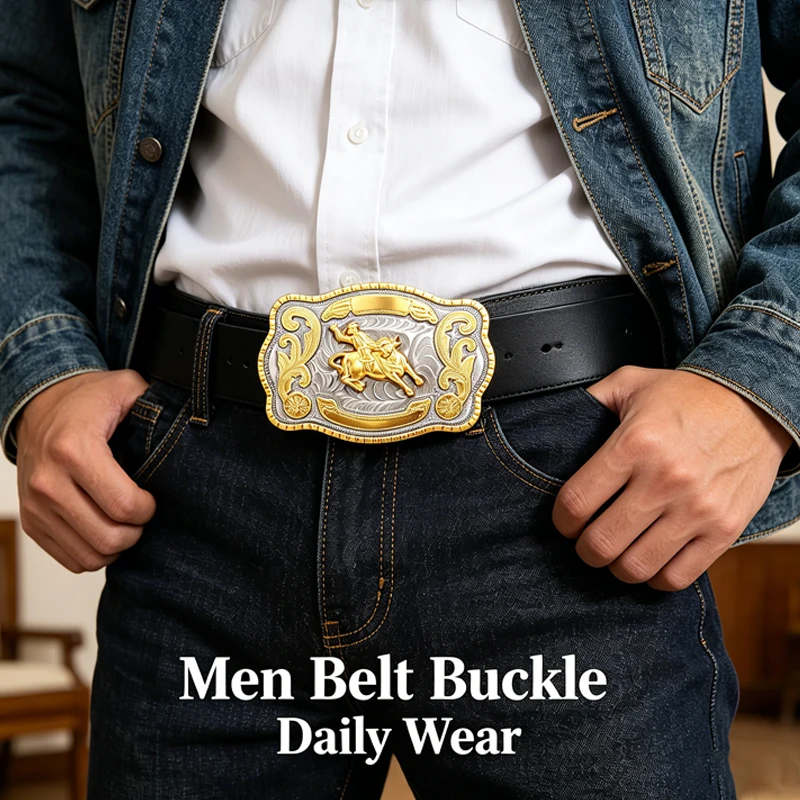 Gold Silver Rectangle Western Belt Buckle for Men Vintage Cowboy Rodeo Alloy Buckle Replacement for Daily Party Wear
