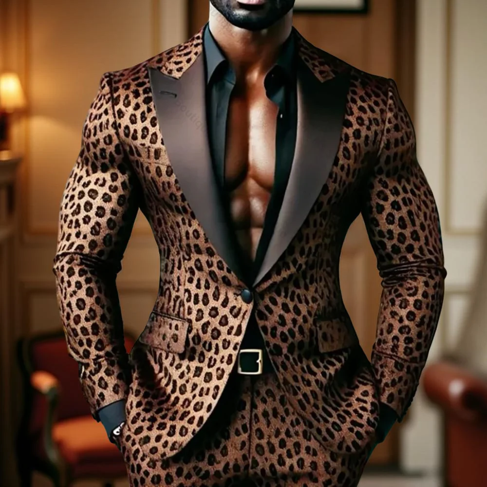

Leopard Floral Men Suits for Prom Party Two Pieces Casual Wedding Outfits Custom Made Groom Tuxedo Male Suit Set Jacket Pants