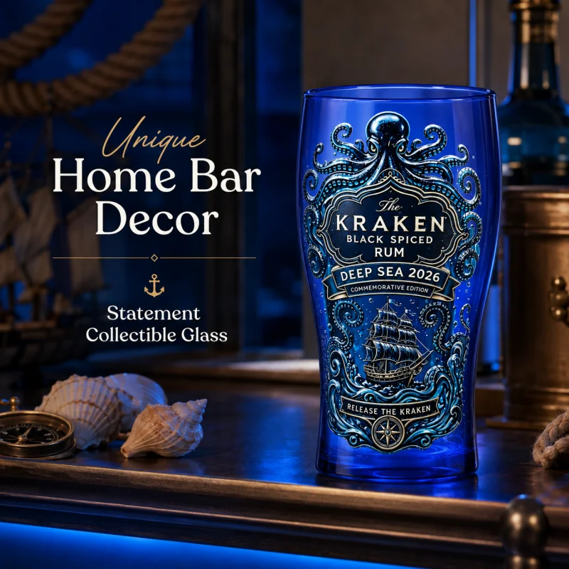 Verre à cocktail nautique The Kraken Black Spiced Rum Deep Sea 2026 Édition Commémorative, Verre à collectionner Pieuvre Bleue