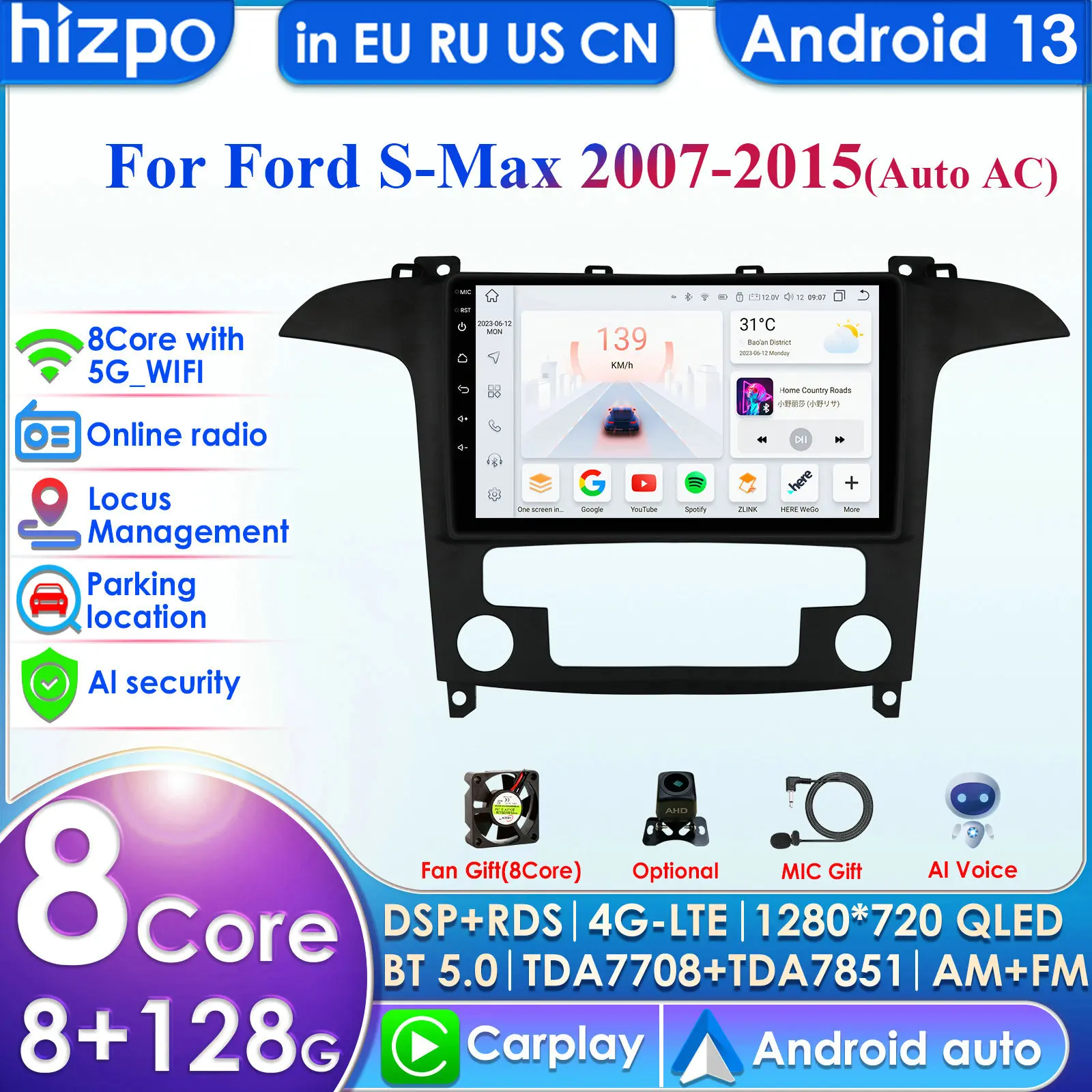 4G-LTE AI 2Din Android for Ford S Max S-MAX 2007-2015 Car Radio Multimedia Video Player Stereo Navigation GPS Carplay Autoradio