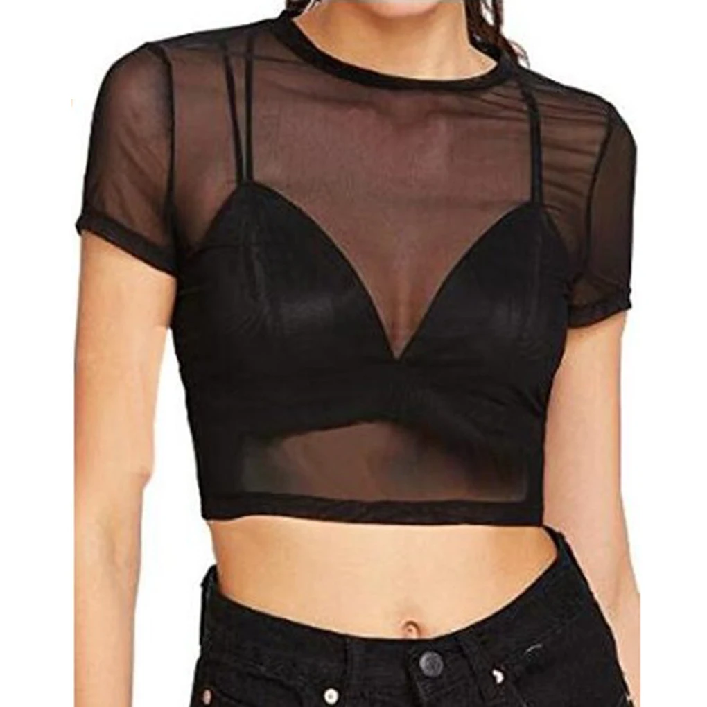 Sexy Black Women Short Sleeve Sheer Mesh Top T Shirts Streetwear Tees Slim See-through Transparent Crop Tops Club wear Fashion