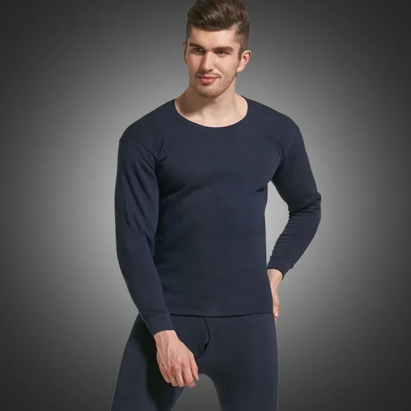 Winter Men\'s Thermal Underwear Bottoms Sets Thickened Warm Undershirts Round Neck Brushed Autumn Solid Men Clothes Tops Pants