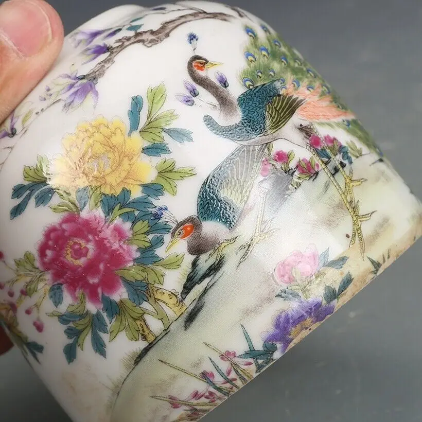 Old Chinese Porcelain Color Hand Painted Peacock Flowers Jar Pots Pen Wash