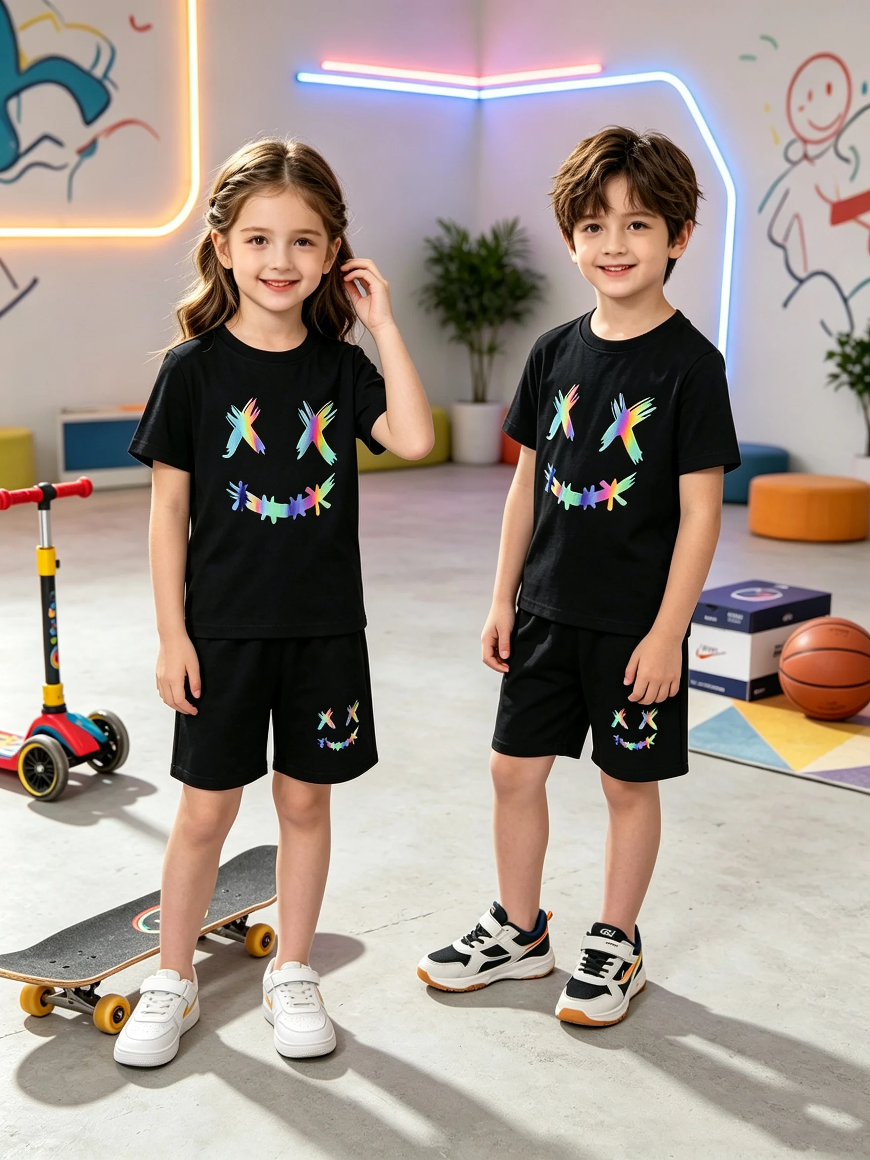 Summer black trendy printed round neck short sleeved T-shirt top+elastic waist printed wide leg shorts children's clothing set