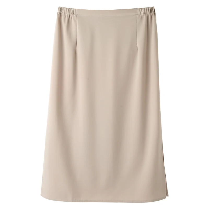 Długa spódnica damska z jedwabnej satyny, wysoki stan, wyszczuplająca, elegancka, fason A, z trenem, do pracy, jednolita.