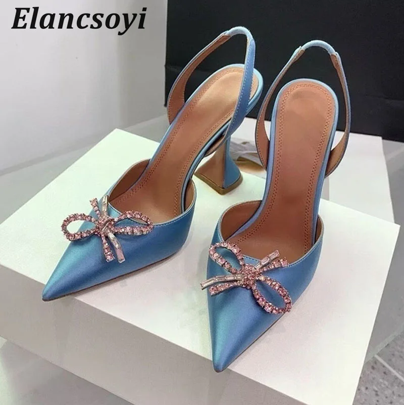 Pointed Toe High Heels Women Pumps Crystal Bow Satin Sandals Summer Cup Heels Back Strap Sandalias Sexy Party Banquet Shoes