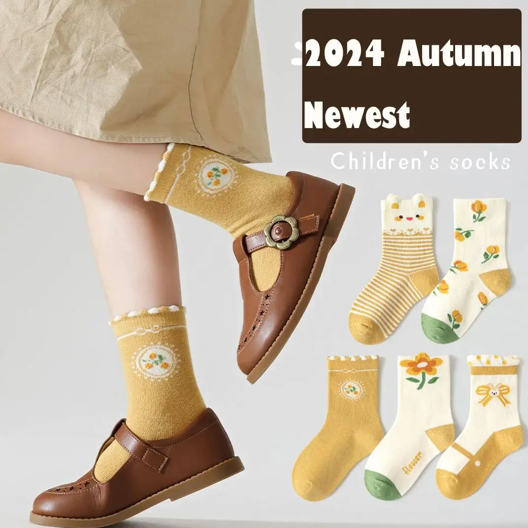 5 Pairs Kids' Autumn Socks Girls Floral Pattern Socks A Class Cotton Baby Socks