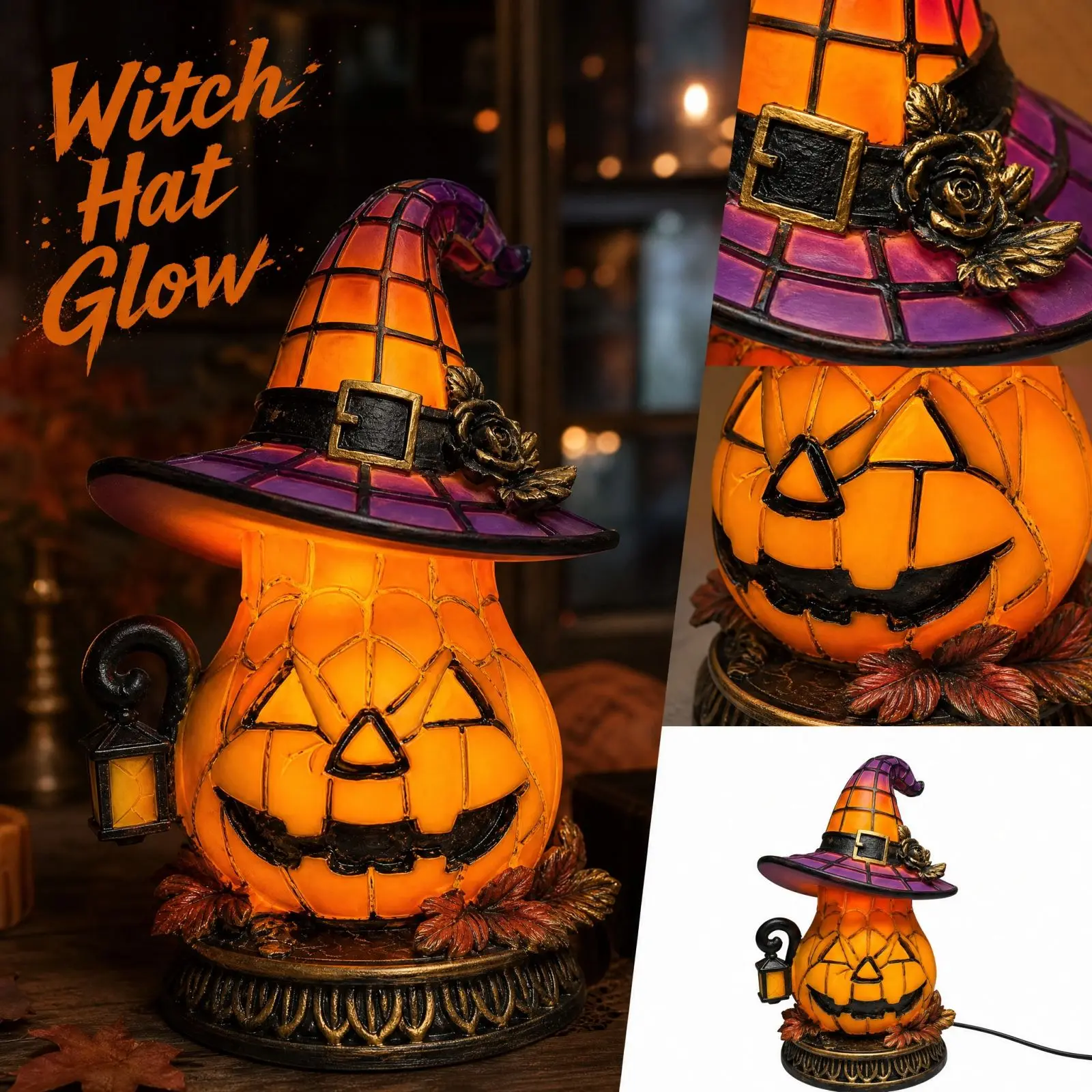 Gothic Witch Hat Lamp Halloween Pumpkin Glowing Resin Lantern Decor Spooky Light Table Ornament Gothic Lamp Halloween Pumpkin