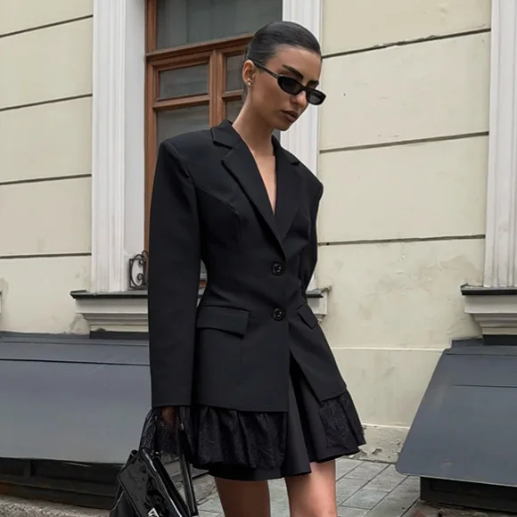 

Изысканный черный укороченный пиджак в стиле Gentle Style для женщин, весенний, универсальный, с кружевными вставками на талии и длинными рукавами, Ropa Para Mujer