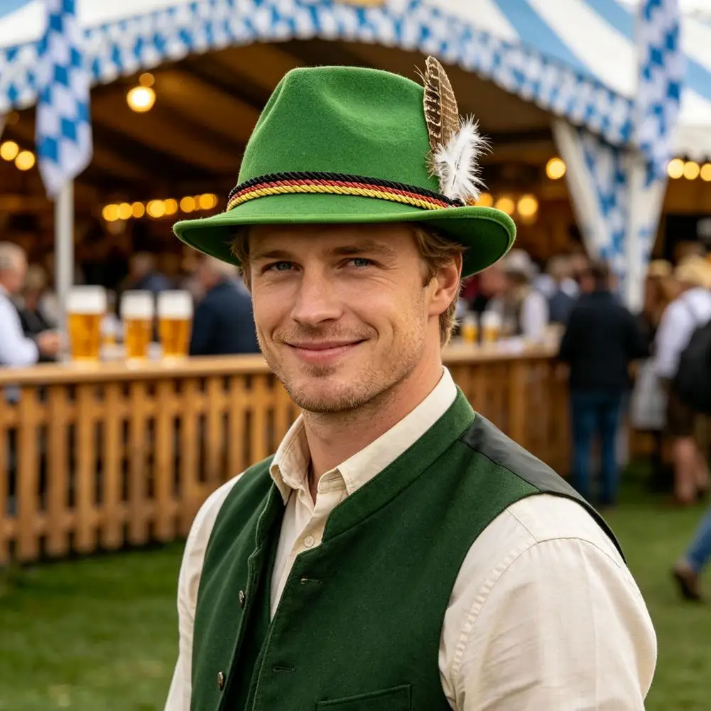 Beer Hat Fedora Hat with Feather Accent Short Brim Vintage Hat Oktoberfest Costume Accessory for Halloween Role Play for Men