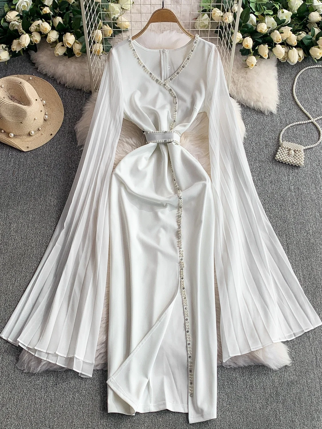 Ele V-ne Long Dr Women's Summer Waist-cinching Ele Flared Sve Dr Luxury Heavy Embelliment Knee-length