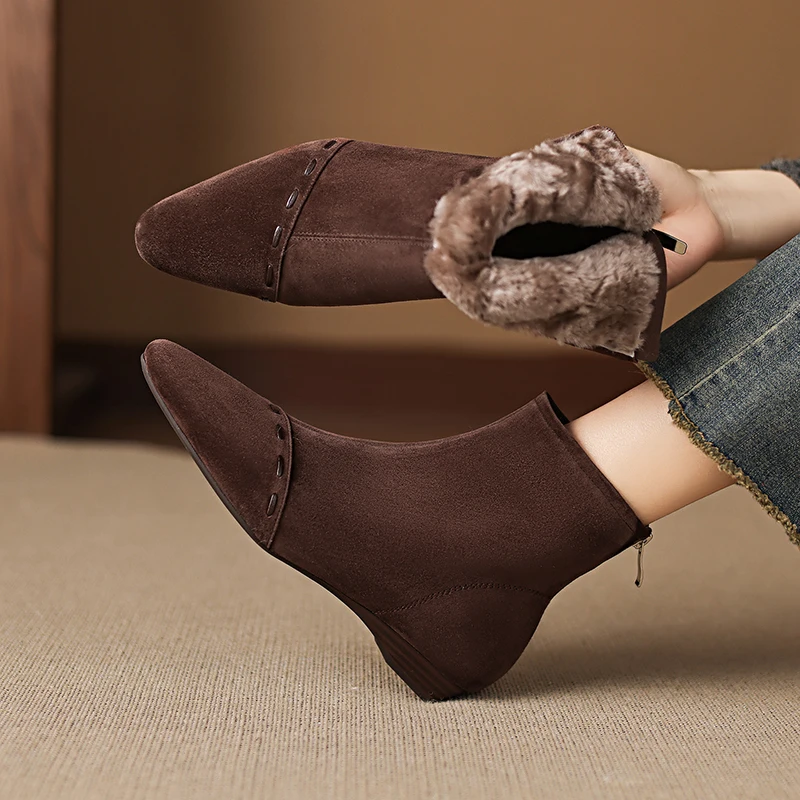 2026 new autumn winter women ankle boots natural leather plus size 22-25cm kid suede+wool low heel back zip short boots